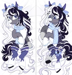 Size: 2272x2373 | Tagged: safe, artist:sakurimii, derpibooru import, oc, oc:oreo cream, unofficial characters only, pegasus, pony, bed, bow, chest fluff, clothes, coat markings, colored hooves, colored pupils, colored wings, colored wingtips, cookie, eyebrows, eyebrows visible through hair, facial markings, female, food, garters, hooves, horns, image, lying down, mare, mealy mouth (coat marking), on back, on bed, oreo, pale belly, png, scarf, side, socks, socks (coat marking), solo, wings