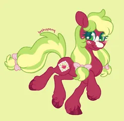 Size: 2041x2000 | Tagged: safe, artist:bishopony, derpibooru import, applejack (g3), earth pony, pony, g3, alternate design, alternate hairstyle, alternate tailstyle, blaze (coat marking), blush scribble, blushing, bow, coat markings, colored pupils, cute, facial markings, female, freckles, green background, hair bow, high res, image, looking back, mare, pigtails, png, raised hoof, raised leg, requested art, signature, simple background, smiling, solo, standing on two hooves, tail, tail bow, unshorn fetlocks