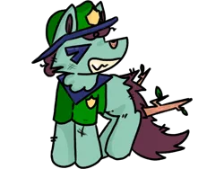 Size: 2160x1620 | Tagged: safe, artist:felixmcfurry, derpibooru import, oc, oc:leafy trail, unofficial characters only, pony, badge, bandaid, bandaid on nose, cheek fluff, clothes, eyes closed, female, filly, filly oc, foal, hat, image, messy tail, park ranger, png, scruffy, simple background, simple shading, smiling, solo, stick, stick in tail, tail, transparent background, wood