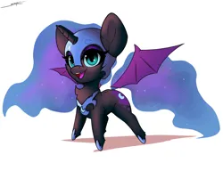 Size: 3000x2300 | Tagged: safe, artist:skitsniga, derpibooru import, nightmare moon, alicorn, bat pony, bat pony alicorn, pony, g4, backwards cutie mark, bat ponified, bat wings, chibi, cute, ethereal mane, eyebrows, fangs, female, floating wings, helmet, high res, hoof shoes, horn, image, jewelry, mare, moonabetes, open mouth, open smile, png, race swap, regalia, shadow, signature, simple background, smiling, solo, spread wings, starry mane, white background, wings