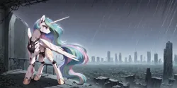 Size: 2400x1200 | Tagged: safe, ai content, derpibooru import, machine learning generated, prompter:greesys, princess celestia, alicorn, cyborg, pony, robot, robot pony, g4, city, cityscape, cyberpunk, female, gynoid, horn, image, lidded eyes, looking back, mare, png, rain, robolestia, scenery, science fiction, solo, wings