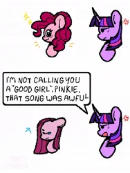 Size: 768x1024 | Tagged: safe, derpibooru import, pinkie pie, twilight sparkle, earth pony, pony, unicorn, g4, 2 panel comic, comic, crying, duo, duo female, female, horn, i'm not calling you good boy, image, jpeg, meme, pinkamena diane pie, ponified meme, sad, sad face, simple background, smiling, this will end in cupcakes, twibitch sparkle, white background