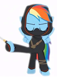 Size: 622x836 | Tagged: safe, artist:agrol, derpibooru import, edit, rainbow dash, pegasus, pony, g4, cropped, dagger, hood, image, jpeg, katana, kunai, ninja, ninja dash, simple background, solo, sword, tales of adventurers, weapon, white background