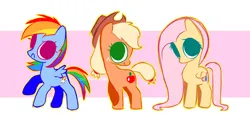 Size: 3334x1624 | Tagged: safe, artist:syrupyyy, derpibooru import, applejack, fluttershy, rainbow dash, earth pony, pegasus, pony, g4, applejack's hat, chibi, cowboy hat, cute, dashabetes, female, freckles, hat, image, jackabetes, looking at you, mare, no catchlights, no pupils, png, raised hoof, raised leg, shyabetes, smiling, smiling at you, tail, trio, trio female, watermark