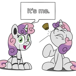 Size: 900x900 | Tagged: safe, artist:unitxxvii, derpibooru import, sweetie belle, pony, robot, robot pony, unicorn, g4, cork, dialogue, duality, duo, duo female, eyes closed, female, filly, foal, gritted teeth, horn, image, implied rarity, looking at you, open mouth, open smile, png, robot ponidox, self paradox, self ponidox, simple background, sitting, smiling, smiling at you, speech bubble, sweetie bot, teeth, white background