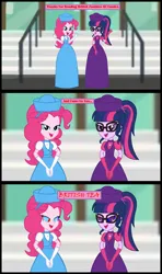 Size: 1920x3240 | Tagged: safe, artist:cartoonmasterv3, derpibooru import, pinkie pie, sci-twi, twilight sparkle, human, undead, zombie, equestria girls, g4, breaking the fourth wall, british, clothes, comic, dress, duo, duo female, female, fourth wall, image, infected, long dress, long skirt, png, skirt