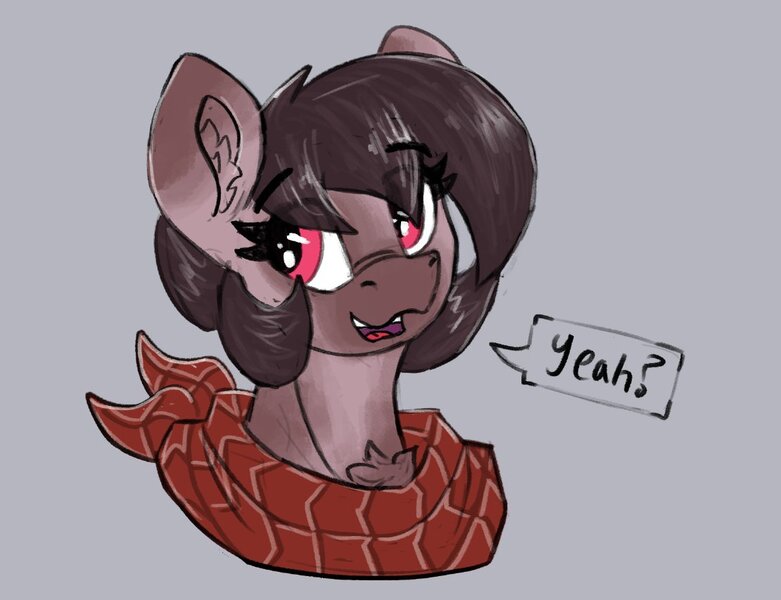 Size: 1110x853 | Tagged: safe, artist:reddthebat, derpibooru import, oc, oc:number nine, unofficial characters only, earth pony, pony, bandana, bust, chest fluff, ear fluff, eyebrows, eyebrows visible through hair, female, gray background, image, jpeg, lidded eyes, mare, open mouth, open smile, simple background, smiling, solo