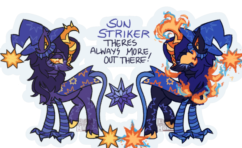 Size: 2048x1252 | Tagged: safe, artist:cingulomana, derpibooru import, part of a set, oc, oc:sun striker, unofficial characters only, hybrid, kirin, nirik, alternate universe, bags under eyes, big horn, blue text, cape, chest fluff, claws, clothes, colored ear fluff, colored hooves, colored legs, colored pinnae, ear fluff, ear tufts, element of harmony, eye markings, eyeshadow, fiery eyes, fluffy mane, hat, hooves, horn, image, kirin oc, large horn, leg fluff, leg markings, leg stripes, leonine tail, lidded eyes, long mane, makeup, mane of fire, orange eyes, outline, png, purple coat, purple eyeshadow, raised leg, simple background, smiling, solo, spiky tail, stripes, tail, tail of fire, text, thin, thin tail, transparent background, two toned eyes, unshorn fetlocks, wall of tags, watermark, wingding eyes, wizard hat, yellow eyes, yellow hooves