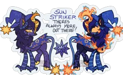 Size: 2048x1252 | Tagged: safe, artist:cingulomana, derpibooru import, part of a set, oc, oc:sun striker, unofficial characters only, hybrid, kirin, nirik, alternate universe, bags under eyes, big horn, blue text, cape, chest fluff, claws, clothes, colored ear fluff, colored hooves, colored legs, colored pinnae, ear fluff, ear tufts, element of harmony, eye markings, eyeshadow, fiery eyes, fluffy mane, hat, hooves, horn, image, kirin oc, large horn, leg fluff, leg markings, leg stripes, leonine tail, lidded eyes, long mane, makeup, mane of fire, orange eyes, outline, png, purple coat, purple eyeshadow, raised leg, simple background, smiling, solo, spiky tail, stripes, tail, tail of fire, text, thin, thin tail, transparent background, two toned eyes, unshorn fetlocks, wall of tags, watermark, wingding eyes, wizard hat, yellow eyes, yellow hooves