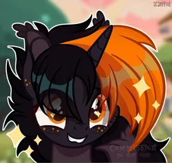 Size: 1920x1818 | Tagged: safe, artist:scarffist, derpibooru import, oc, unofficial characters only, bat pony, pony, base used, black mane, bust, commission, cute, horn, image, orange eyes, png, portrait, solo, ych result