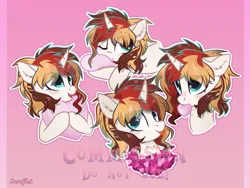 Size: 1920x1441 | Tagged: safe, artist:scarffist, derpibooru import, oc, unofficial characters only, pony, unicorn, base used, blue eyes, bust, commission, heart, horn, image, light skin, pillow, pink background, png, portrait, short hair, short mane, simple background, solo, ych result