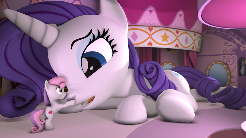 Size: 1920x1080 | Tagged: safe, artist:jeroen01, derpibooru import, rarity, sweetie belle, pony, unicorn, g4, 3d, belle sisters, carousel boutique, cutie mark, duo, duo female, female, filly, foal, giant pony, giantess, horn, image, macro, macro/micro, mare, png, siblings, sisters, the cmc's cutie marks