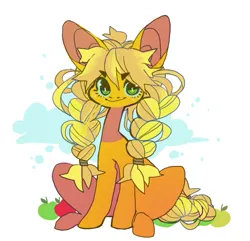 Size: 851x822 | Tagged: safe, artist:cutesykill, derpibooru import, applejack, earth pony, pony, g4, abstract background, alternate hairstyle, apple, bangs, big ears, big eyes, blonde mane, blonde tail, braid, braided pigtails, colored pinnae, eyebrows, eyebrows visible through hair, eyelashes, female, food, freckles, green eyes, hatless, image, mare, missing accessory, orange coat, pigtails, png, sitting, slender, smiling, sparkly eyes, straw in mouth, tail, thin, tied mane, tied tail, white pupils, wingding eyes