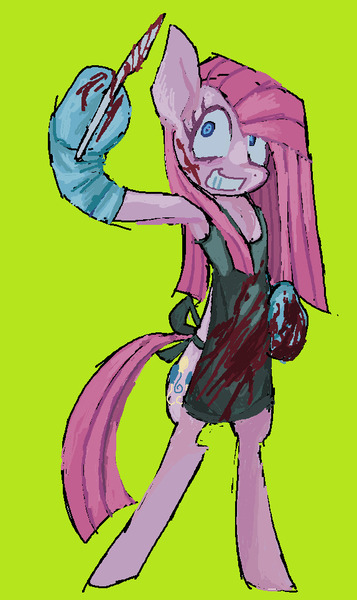 Size: 574x966 | Tagged: semi-grimdark, artist:dddddaxie998839, derpibooru import, part of a set, pinkie pie, earth pony, pony, g4, 2022, apron, big ears, bipedal, blood, blood on face, blood splatter, blue eyes, blue pupils, clothes, colored eyelashes, colored pupils, eyelashes, female, gloves, green background, hoof gloves, hoof hold, image, jpeg, latex, latex gloves, looking at something, mare, old art, outline, pink coat, pink eyelashes, pink mane, pink tail, pinkamena diane pie, scalpel, shrunken pupils, simple background, slasher smile, slender, smiling, solo, straight mane, straight tail, tail, thin