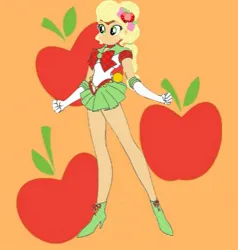 Size: 1125x1180 | Tagged: safe, artist:theemperorofhonor, derpibooru import, applejack, human, equestria girls, g4, clothes, cosplay, costume, gloves, image, jpeg, sailor applejack, sailor moon (series), shirt, shoes, skirt, solo