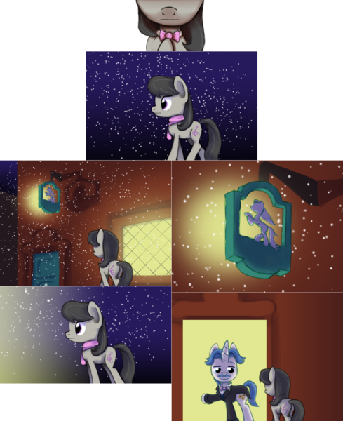 Size: 2562x3141 | Tagged: safe, artist:esuka, derpibooru import, fancypants, octavia melody, pony, g4, ask-canterlot-musicians, bowtie, clothes, comic, duo, duo male and female, female, image, male, mare, necktie, png, scarf, snow, stallion