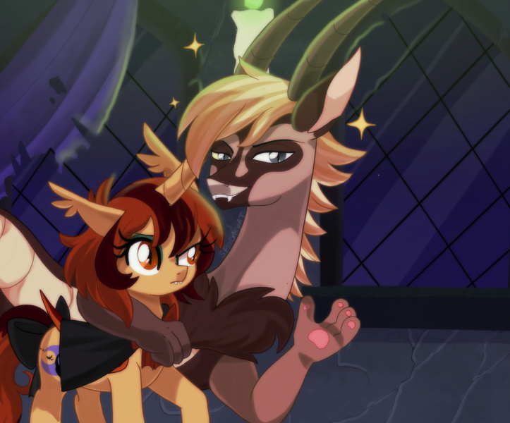 Size: 2669x2215 | Tagged: safe, artist:spookyle, derpibooru import, oc, oc:pumpkin patch, oc:wanton, unofficial characters only, alicorn, bat pony, bat pony alicorn, draconequus, pony, bat wings, draconequus oc, horn, image, png, wings, witch