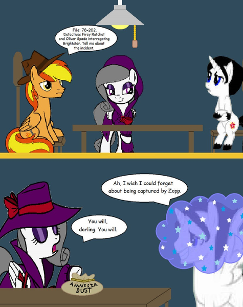 Size: 1320x1668 | Tagged: safe, artist:captainponyboy1999, derpibooru import, oc, oc:bright star, oc:firey ratchet, oc:oliver spade, unofficial characters only, pegasus, pony, unicorn, amnesia dust, clothes, detective, fedora, female, hat, horn, image, interrogation, light, male, png, table, trenchcoat, trio