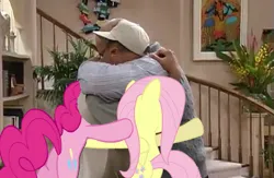 Size: 753x491 | Tagged: safe, artist:gogoqq, derpibooru import, fluttershy, pinkie pie, earth pony, human, pegasus, pony, g4, butt, female, hug, image, irl, male, photo, plot, png, the fresh prince of bel-air, will smith