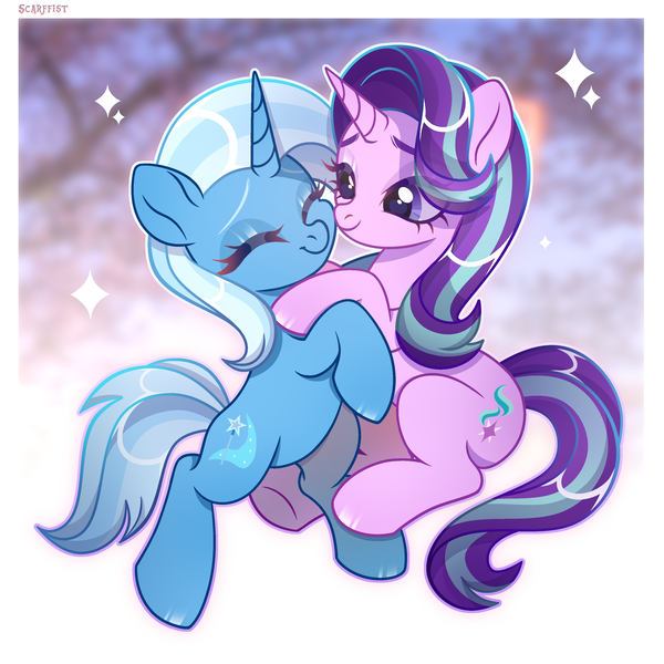 Size: 3300x3300 | Tagged: safe, artist:scarffist, derpibooru import, starlight glimmer, trixie, pony, unicorn, g4, base used, couple, cute, duo, eyes closed, female, happy, horn, hug, image, long hair, long mane, looking at each other, looking at someone, mare, png, purple eyes, simple background, smiling, sparkles