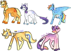 Size: 2470x1780 | Tagged: safe, artist:catastrophyte, derpibooru import, applejack, rainbow dash, rarity, oc, earth pony, pegasus, pony, unicorn, alternate design, full body, group, horn, image, magical lesbian spawn, offspring, parent:applejack, parent:rainbow dash, parent:rarity, parents:appledash, parents:rarijack, png, side view, simple background, transparent background