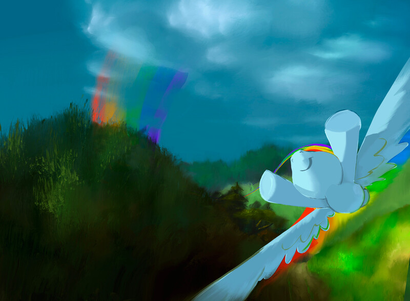 Size: 2434x1787 | Tagged: safe, artist:mandumustbasukanemen, derpibooru import, rainbow dash, pegasus, pony, cloud, female, flying, from below, grass, hill, image, jpeg, mare, rainbow trail, scenery, solo