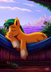 Size: 1140x1612 | Tagged: safe, artist:jowybean, derpibooru import, hitch trailblazer, earth pony, pony, g5, cloud, coat markings, crystal brighthouse, detailed background, grin, hammock, image, jpeg, male, maretime bay, mountain, mountain range, ocean, palm tree, plant, prisbeam, relaxing, scenery, sheriff's badge, sky, sleeping, smiling, solo, stallion, tree, unshorn fetlocks, water, wave, wood