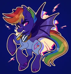 Size: 1024x1069 | Tagged: safe, artist:sadelinav, derpibooru import, rainbow dash, bat pony, pony, alternate cutie mark, bat ponified, blue background, goggles, image, jpeg, race swap, rainbowbat, simple background, solo