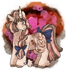 Size: 1131x1191 | Tagged: safe, artist:eonionic, derpibooru import, oc, oc:coffee stains, pony, unicorn, bow, braid, female, hair bow, horn, image, mare, png, solo, tail, tail bow