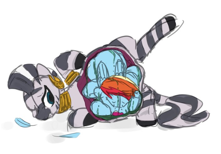 Size: 705x494 | Tagged: questionable, alternate version, artist:polofastter, artist:shrabby, derpibooru import, rainbow dash, zecora, zebra, g4, belly, female, fetish, image, png, preydash, simple background, transparent background, vore, x-ray, zecorapred