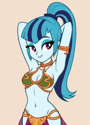 Size: 1152x1592 | Tagged: suggestive, ai content, derpibooru import, machine learning generated, prompter:atiirot, sonata dusk, human, equestria girls, g4, adorasexy, arm behind head, armpits, bare shoulders, beautiful, belly, belly button, breasts, cleavage, cute, female, gradient background, image, jpeg, sexy, slave leia outfit, sleeveless, smiling, solo, solo female, sonatabetes, stupid sexy sonata dusk