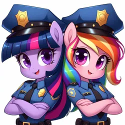 Size: 1024x1024 | Tagged: safe, ai content, derpibooru import, machine learning generated, prompter:glitchyart11, rainbow dash, twilight sparkle, anthro, g4, duo, duo female, female, image, law enforcement, png, police officer