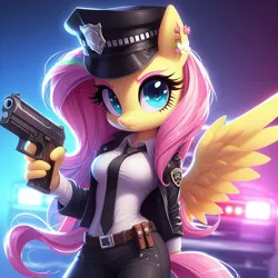 Size: 1024x1024 | Tagged: safe, ai content, derpibooru import, generator:dreamup, machine learning generated, prompter:glitchyart11, fluttershy, anthro, g4, badge, belt, car, clothes, gun, hat, image, law enforcement, necktie, pants, png, police car, police officer, shirt, uniform, weapon