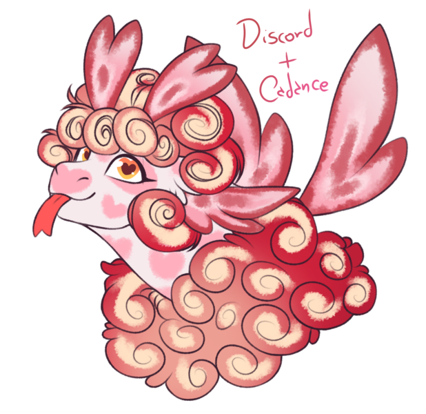 Size: 1280x1243 | Tagged: safe, artist:malinraf1615, derpibooru import, oc, hybrid, bust, image, interspecies offspring, offspring, parent:discord, parent:princess cadance, parents:discodance, png, portrait, simple background, solo, tongue out, transparent background