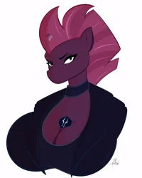 Size: 1717x2146 | Tagged: suggestive, artist:panthra78, derpibooru import, tempest shadow, anthro, unicorn, breasts, broken horn, bust, busty tempest shadow, cleavage, clothes, eye scar, facial scar, female, frown, horn, image, jacket, jewelry, jpeg, leather, leather jacket, necklace, portrait, scar, signature, simple background, solo, solo female, white background