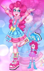 Size: 1518x2418 | Tagged: safe, artist:noreentheartist, part of a set, pinkie pie, equestria girls, abstract background, bow, clothes, female, image, looking at you, open mouth, png, self paradox, shoes, skirt, smiling at you, socks, solo, suspenders, sweater