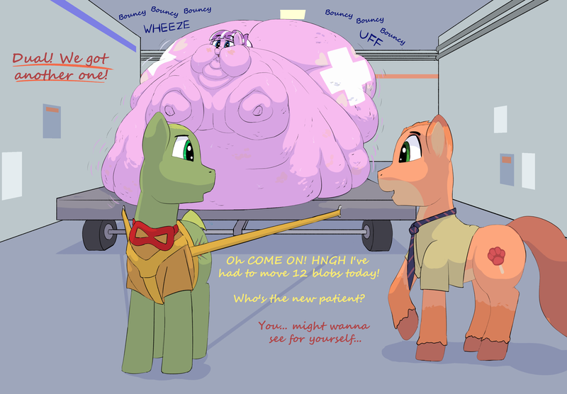 Size: 3224x2240 | Tagged: questionable, artist:lupin quill, derpibooru import, nurse sweetheart, oc, oc:dual sai, oc:popsicle hustler, ponified, earth pony, pony, g4, belly, big belly, blob, both cutie marks, bowtie, butt, cart, cellulite, clothes, dialogue, earth pony oc, fat, fat fetish, fetish, harness, hospital, huge belly, huge butt, image, immobile, impossibly large belly, impossibly large butt, jiggle, large butt, male, male oc, morbidly obese, movie reference, necktie, nurse, nurse outfit, obese, panting, png, stretched cutie mark, sweat, sweatdrop, tack, unshorn fetlocks, weight gain