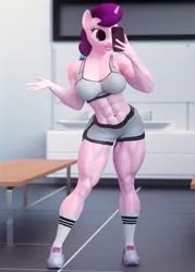 Size: 2926x4096 | Tagged: suggestive, artist:dashie116, ponerpics import, sugar belle, anthro, 3d, abs, breasts, clothes, female, image, jpeg, muscles, muscular female, phone, selfie, shoes, socks, tongue out