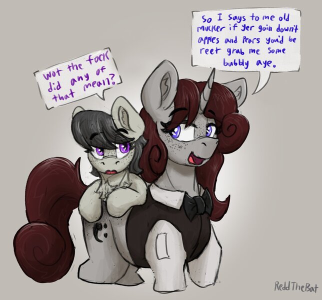 Size: 2112x1967 | Tagged: safe, artist:reddthebat, derpibooru import, octavia melody, oc, oc:violina (reddthebat), earth pony, pony, unicorn, british, confused, dialogue, eye clipping through hair, eyebrows, eyebrows visible through hair, female, horn, image, jpeg, lidded eyes, mare, open mouth, open smile, ponies riding ponies, riding, riding a pony, signature, smiling, speech bubble, vulgar