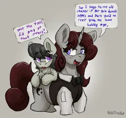 Size: 2112x1967 | Tagged: safe, artist:reddthebat, derpibooru import, octavia melody, oc, oc:violina (reddthebat), earth pony, pony, unicorn, british, confused, dialogue, eye clipping through hair, eyebrows, eyebrows visible through hair, female, horn, image, jpeg, lidded eyes, mare, open mouth, open smile, ponies riding ponies, riding, riding a pony, signature, smiling, speech bubble, vulgar