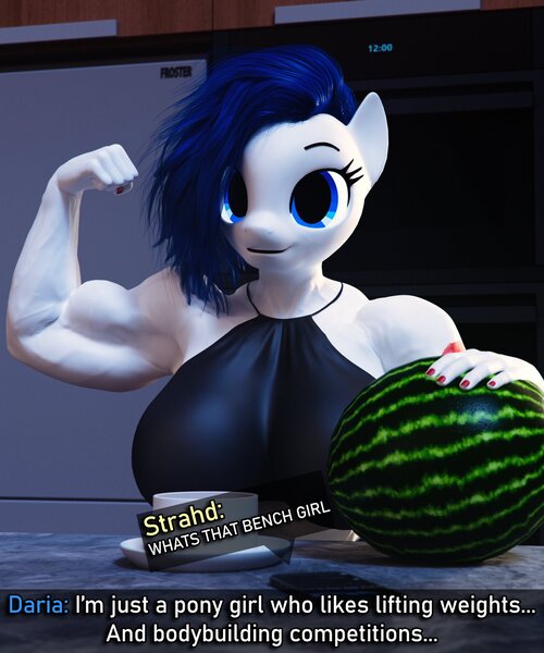 Size: 1707x2048 | Tagged: suggestive, artist:dashie116, ponerpics import, oc, unofficial characters only, anthro, 3d, ask, breasts, clothes, dialogue, female, food, image, jpeg, muscles, muscular female, watermelon