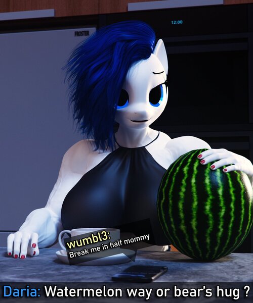 Size: 1707x2048 | Tagged: suggestive, artist:dashie116, ponerpics import, oc, unofficial characters only, anthro, 3d, ask, breasts, clothes, dialogue, female, food, image, jpeg, muscles, muscular female, watermelon