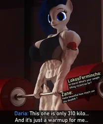 Size: 1707x2048 | Tagged: suggestive, artist:dashie116, ponerpics import, oc, unofficial characters only, anthro, 3d, ask, breasts, clothes, dialogue, female, image, jpeg, muscles, muscular female, weight lifting