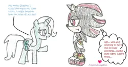 Size: 1236x647 | Tagged: safe, artist:amyandluigifan, derpibooru import, hedgehog, pony, unicorn, g4, dialogue, duo, english, horn, image, jpeg, mobian, shadow the hedgehog, simple background, sonic the hedgehog (series), thought bubble, traditional art, unamused, white background