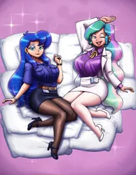 Size: 2800x3600 | Tagged: safe, artist:darkeros, artist:darkeros13, artist:king-kakapo, derpibooru import, princess celestia, princess luna, human, g4, badge, bedroom eyes, big breasts, breasts, busty princess celestia, busty princess luna, clothes, collaboration, colored, derpibooru exclusive, female, high heels, humanized, image, light skin, looking at you, office, one eye closed, open mouth, open smile, pantyhose, pillow, png, royal sisters, shoes, siblings, simple background, sisters, skirt, skirt suit, smiling, smiling at you, suit, underwear, wink, winking at you