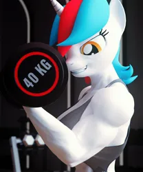 Size: 1707x2048 | Tagged: suggestive, artist:dashie116, ponerpics import, oc, oc:audina puzzle, unofficial characters only, anthro, 3d, breasts, clothes, female, image, jpeg, muscles, sweat, tanktop, weight lifting