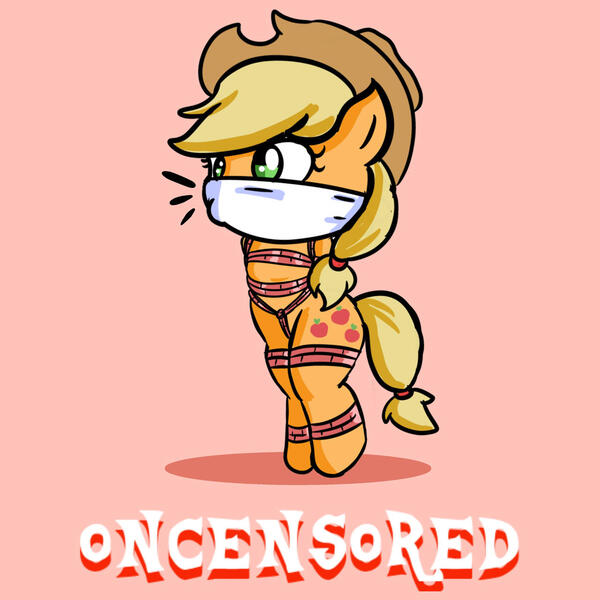 Size: 1280x1280 | Tagged: suggestive, artist:oncensored, derpibooru import, part of a set, applejack, earth pony, semi-anthro, g4, arm behind back, bipedal, bondage, bound and gagged, bound ankles, chibi, cloth gag, crotch rope, cute, damsel in distress, fetish, gag, image, jpeg, looking offscreen, muffled words, orange background, over the nose gag, rope, rope bondage, shadow, simple background, solo, standing, tied up, yellow background