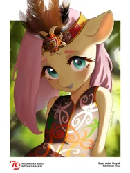 Size: 2304x3072 | Tagged: safe, artist:wendy craft tri, derpibooru import, fluttershy, pegasus, pony, semi-anthro, g4, arm behind back, blushing, clothes, female, image, indonesian, looking at you, mare, passepartout, png, smiling, solo, traditional clothing