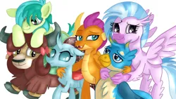 Size: 1920x1080 | Tagged: safe, artist:jbond, derpibooru import, gallus, ocellus, sandbar, silverstream, smolder, yona, changedling, changeling, classical hippogriff, dragon, earth pony, gryphon, hippogriff, pony, yak, g4, cute, diastreamies, dragoness, female, gallabetes, group, group hug, hug, image, male, png, shipping, simple background, smolderbetes, stallion, straight, student six, teenaged dragon, teenager, white background, yonabar