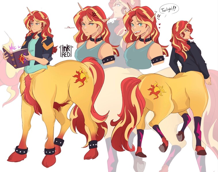 Size: 2048x1623 | Tagged: safe, artist:inkrred, derpibooru import, sunset shimmer, centaur, human, g4, book, bunset shimmer, butt, centaurified, choker, cross-popping veins, emanata, female, floating heart, heart, horn, horned humanization, humanized, image, implied lesbian, implied shipping, implied sunsetsparkle, implied twilight sparkle, jpeg, plot, reading, simple background, solo, species swap, spiked armband, spiked choker, white background, zoom layer